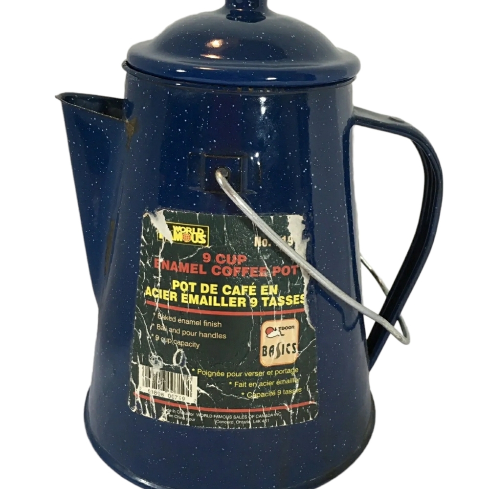 Vintage Blue And White Speckled Enamelware Coffee TeaPot Camping